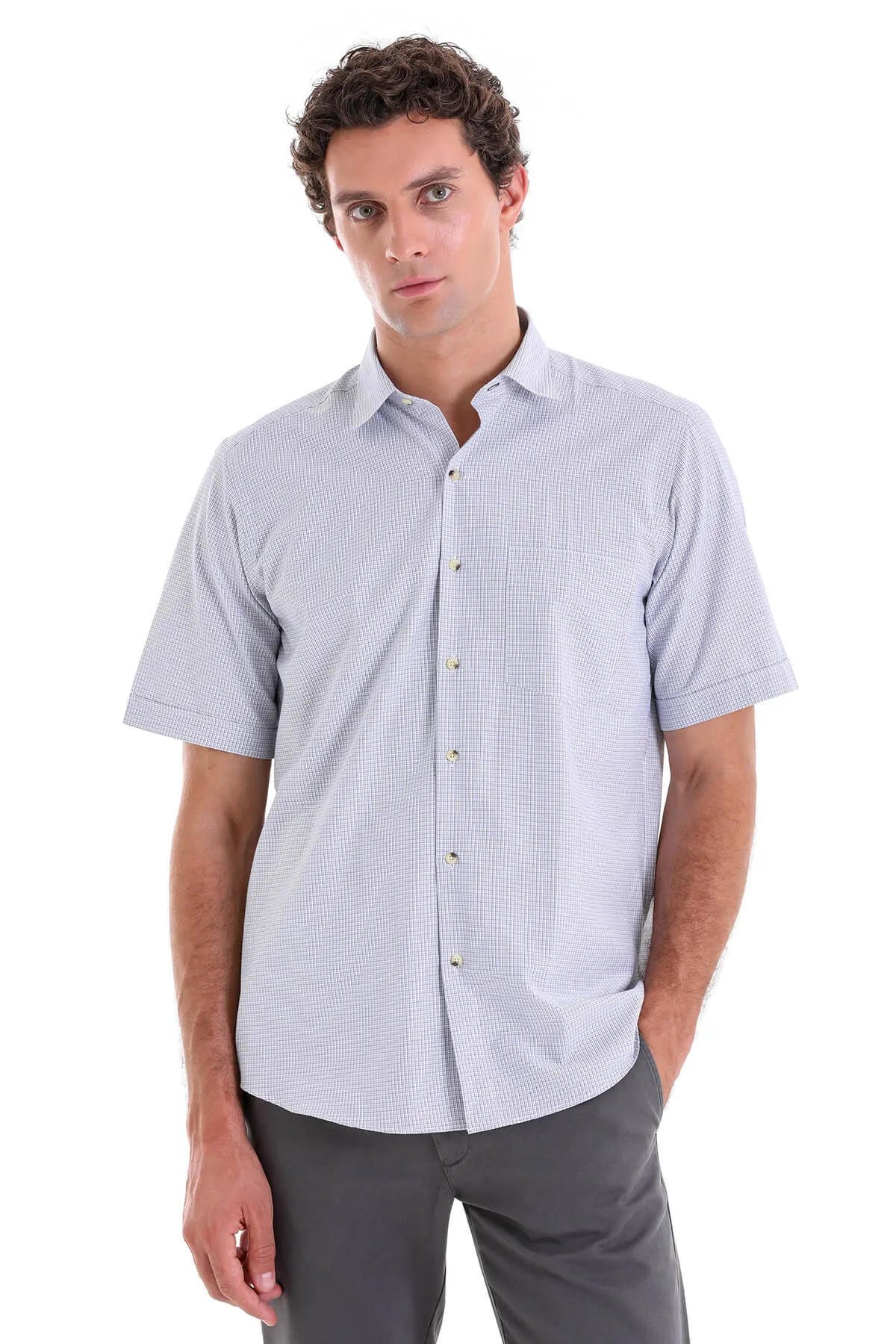 Regular Fit Plaid Cotton Blend Beige Dress Shirt