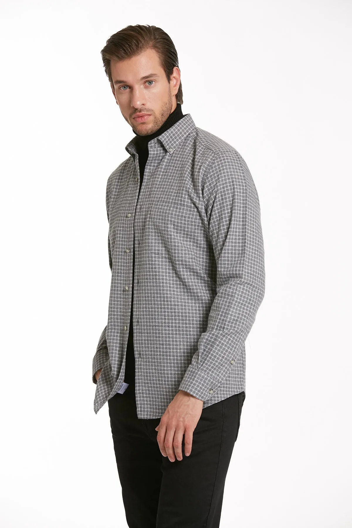 Regular Fit Plaid Cotton Blend Gray Dress Shirt