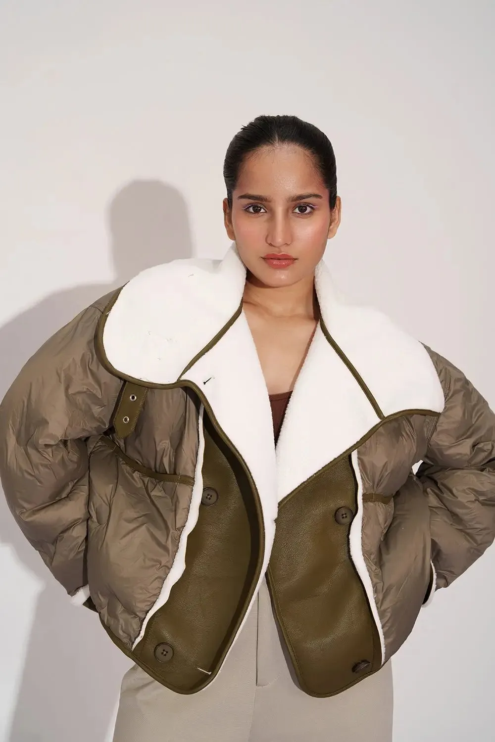 Retro Olive Double Breasted Puffer Jacket