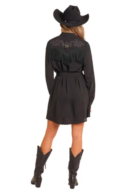 Rock and Roll Cowgirl Women's Black Embroidered Fringe Self Tie Shirt Dress BWD2R04473