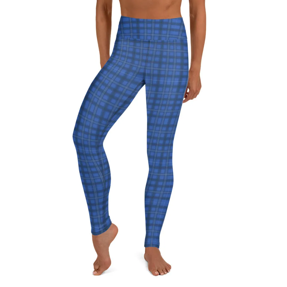 Royal Blue Plaid Yoga Leggings, Tartan Plaid Scottish Style Women's Tights-Made in USA/EU/MX