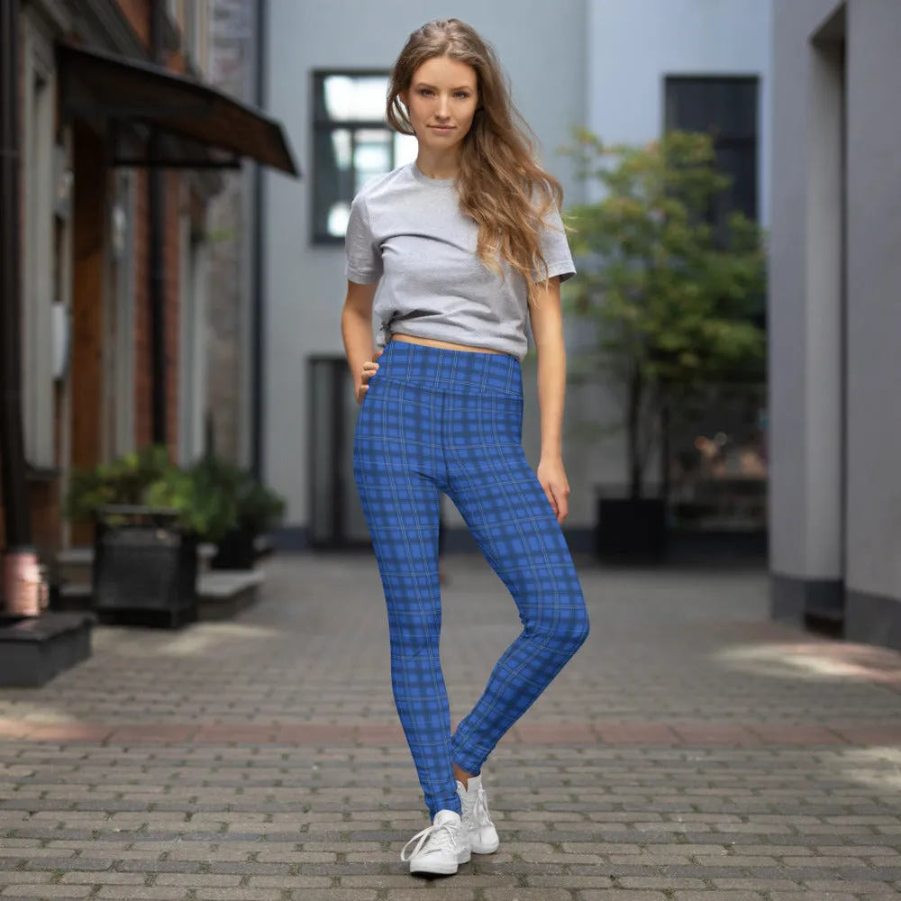 Royal Blue Plaid Yoga Leggings, Tartan Plaid Scottish Style Women's Tights-Made in USA/EU/MX