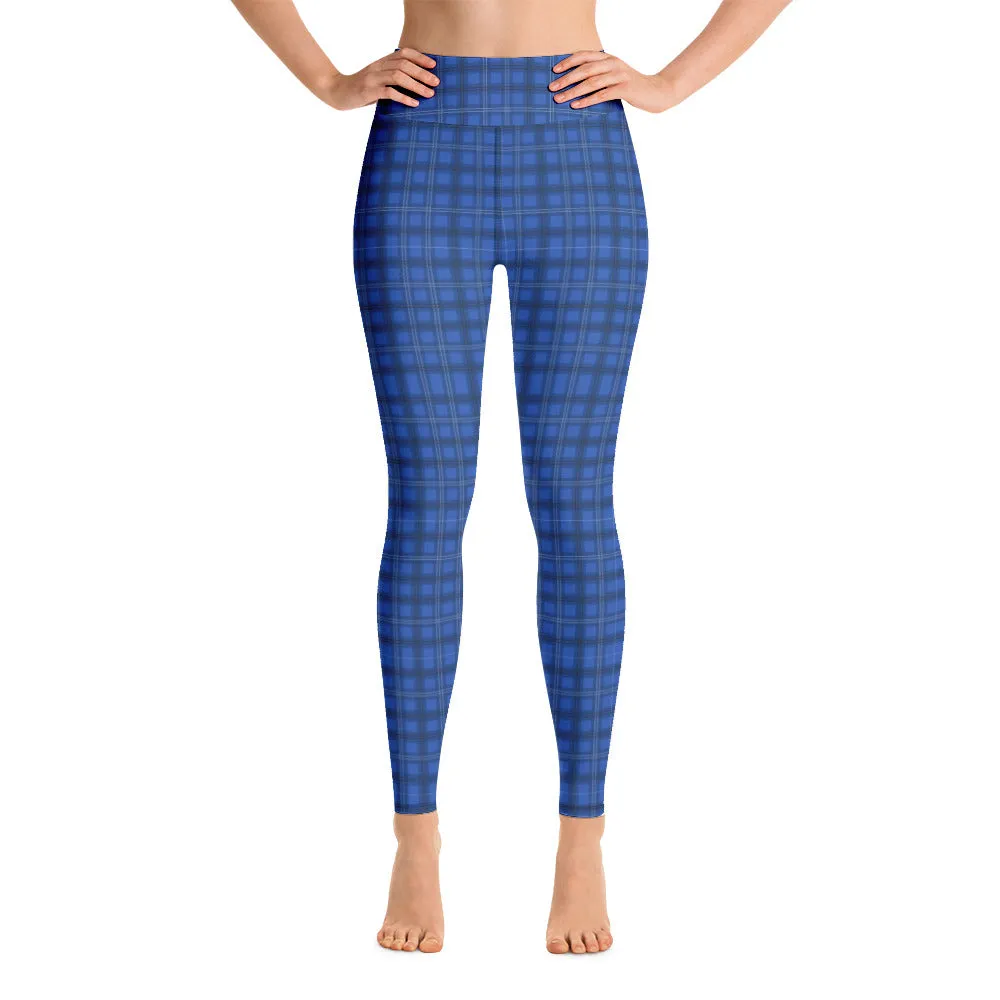 Royal Blue Plaid Yoga Leggings, Tartan Plaid Scottish Style Women's Tights-Made in USA/EU/MX