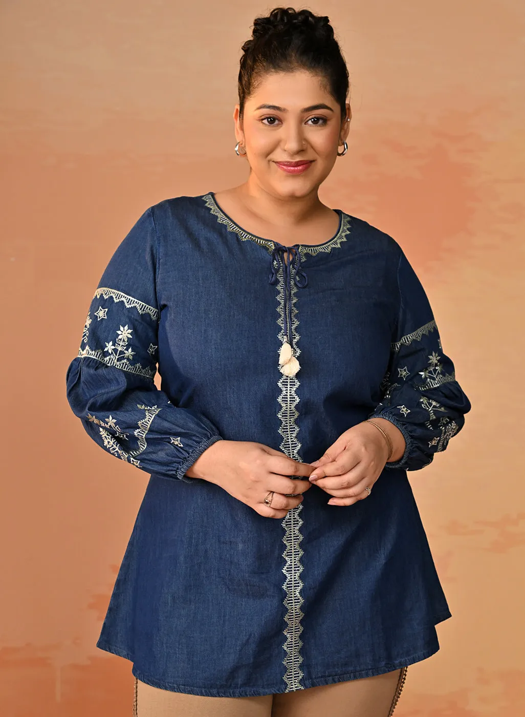 Ruhina Embroidered Denim Top For Women