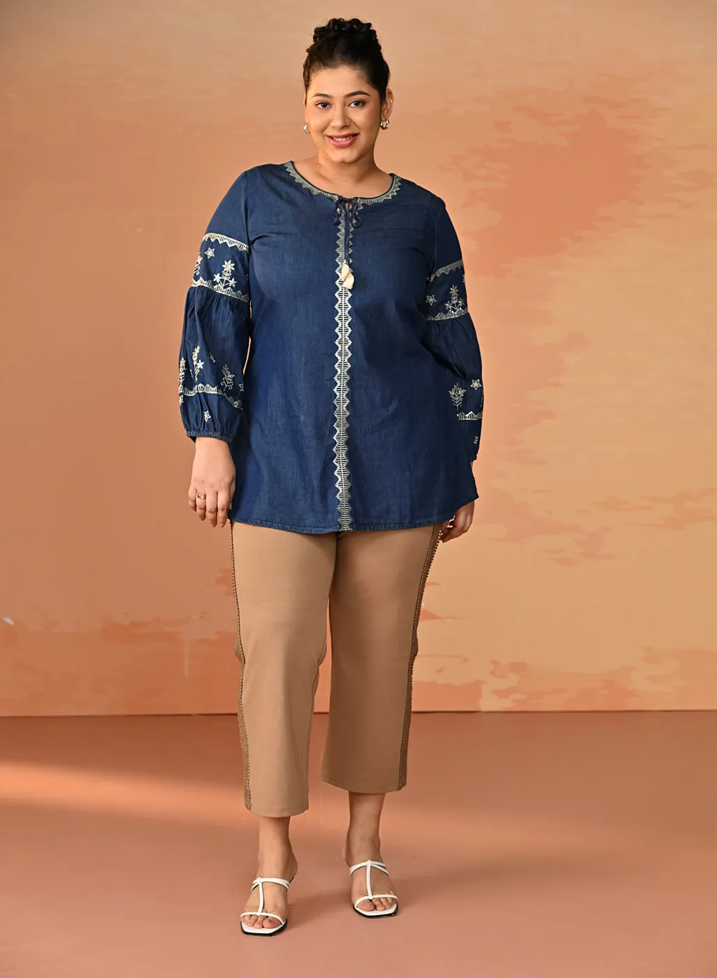 Ruhina Embroidered Denim Top For Women