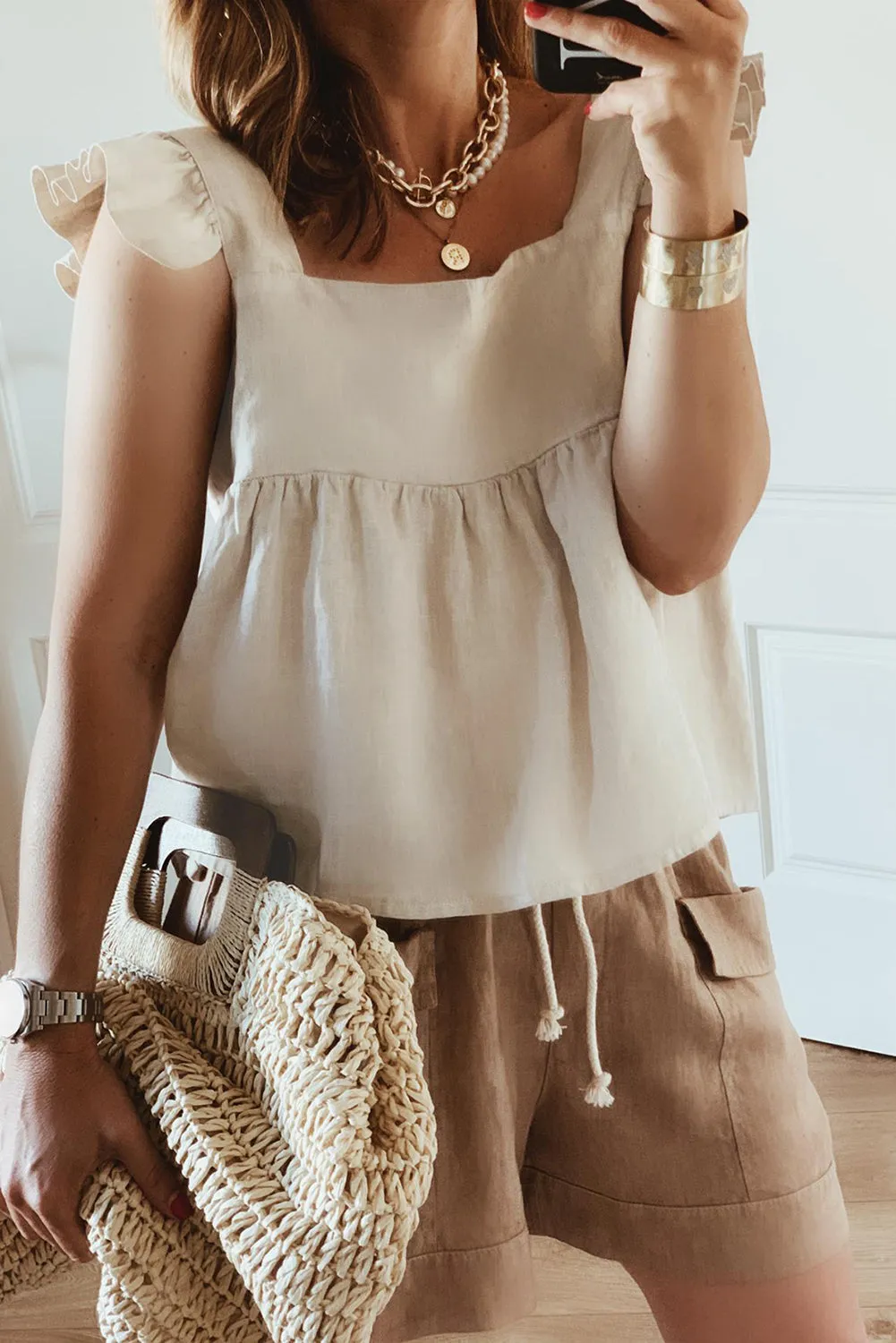 Square Neck Flutter Shoulder Babydoll Top