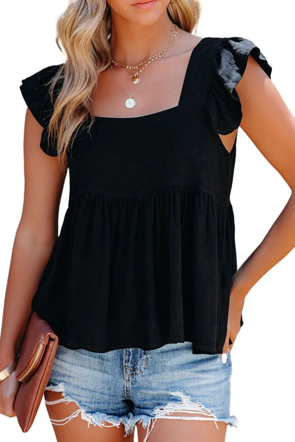 Square Neck Flutter Shoulder Babydoll Top