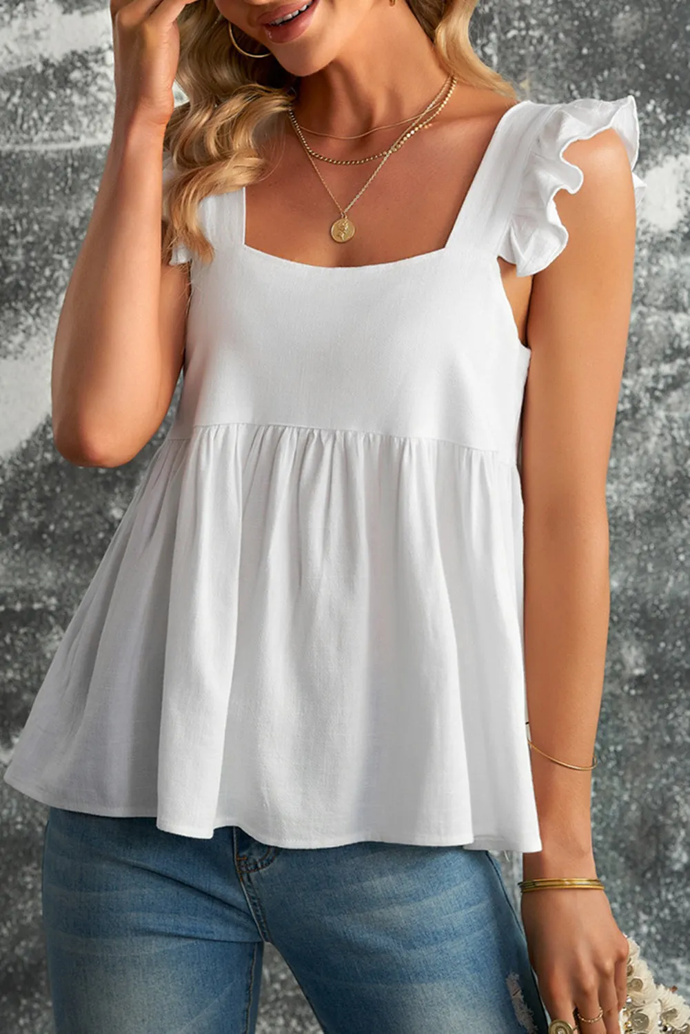 Square Neck Flutter Shoulder Babydoll Top