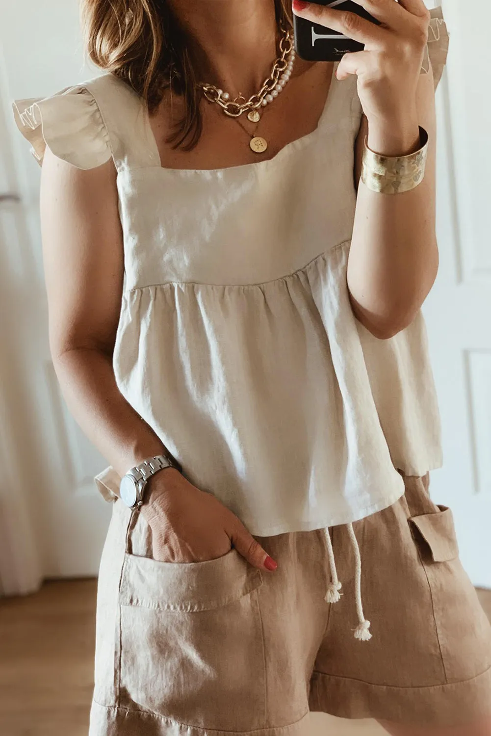 Square Neck Flutter Shoulder Babydoll Top