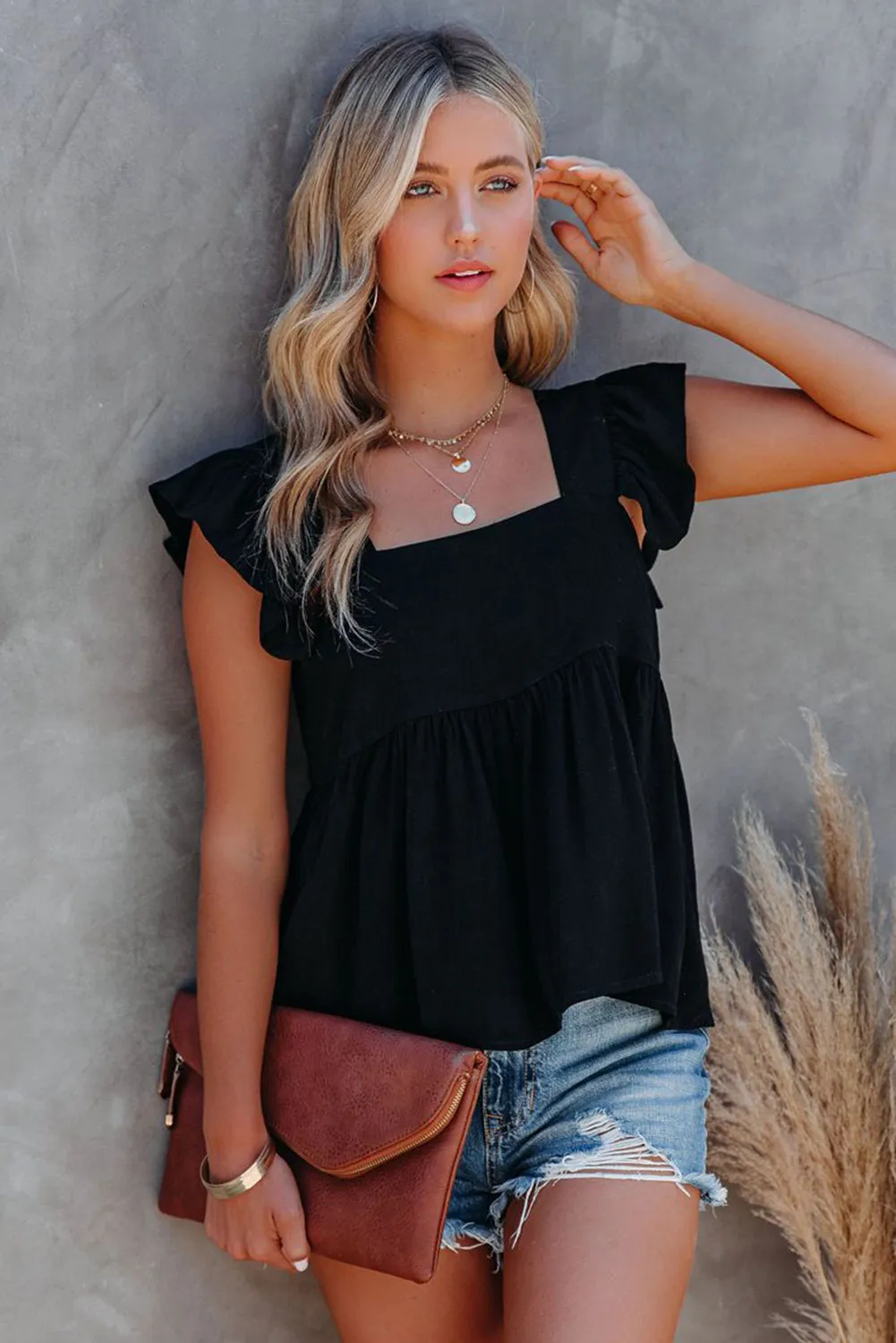 Square Neck Flutter Shoulder Babydoll Top