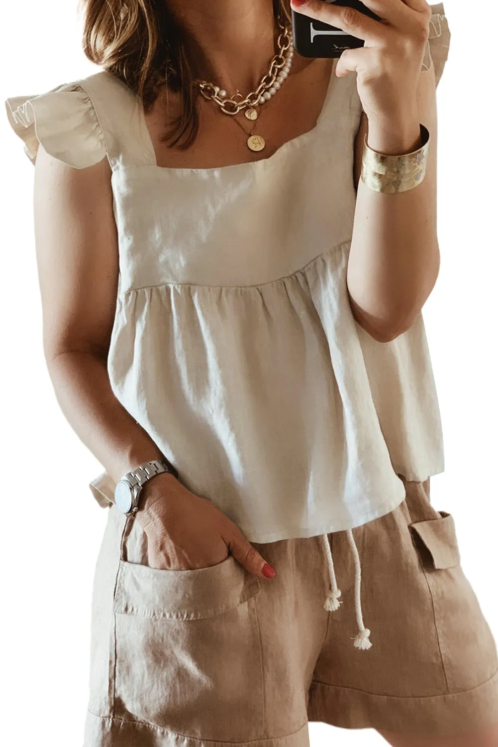 Square Neck Flutter Shoulder Babydoll Top