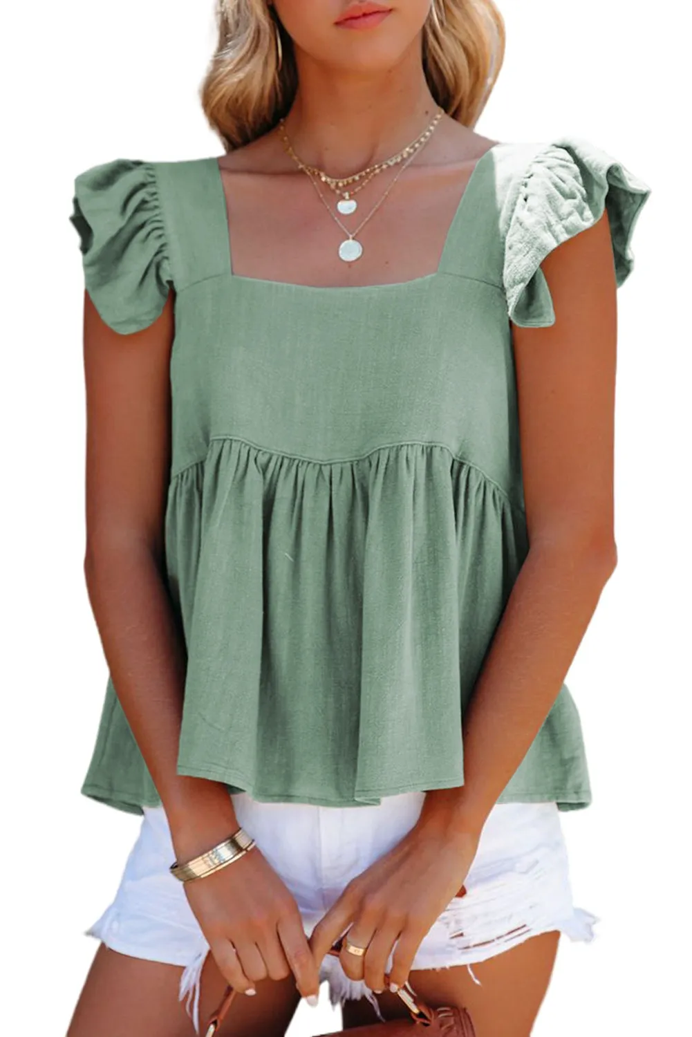 Square Neck Flutter Shoulder Babydoll Top