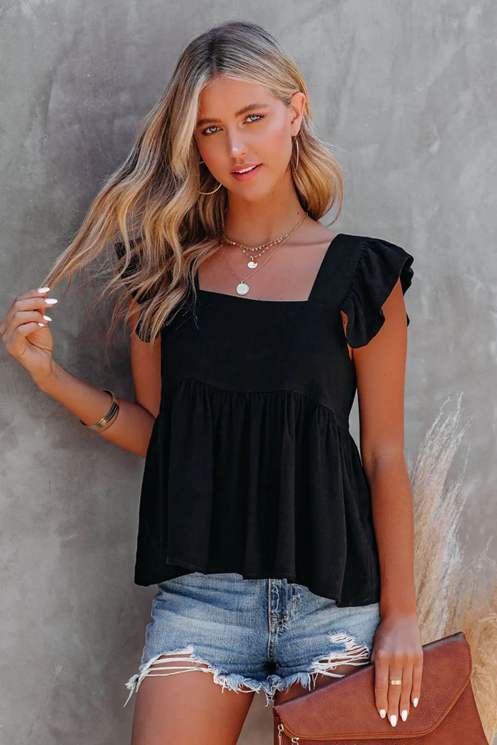 Square Neck Flutter Shoulder Babydoll Top