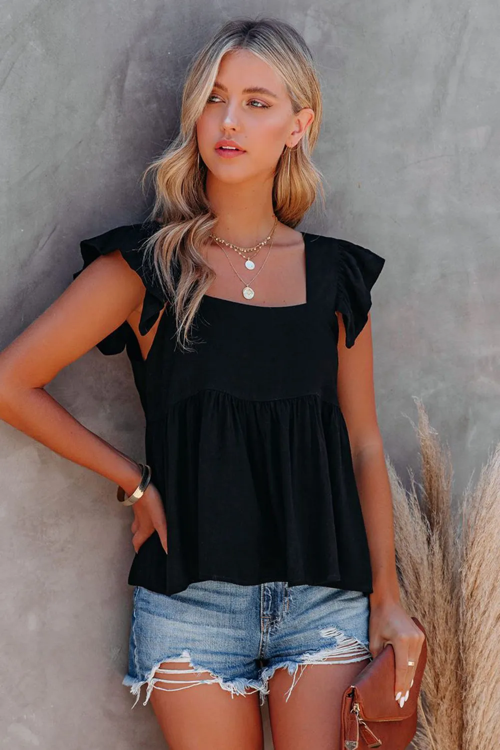 Square Neck Flutter Shoulder Babydoll Top