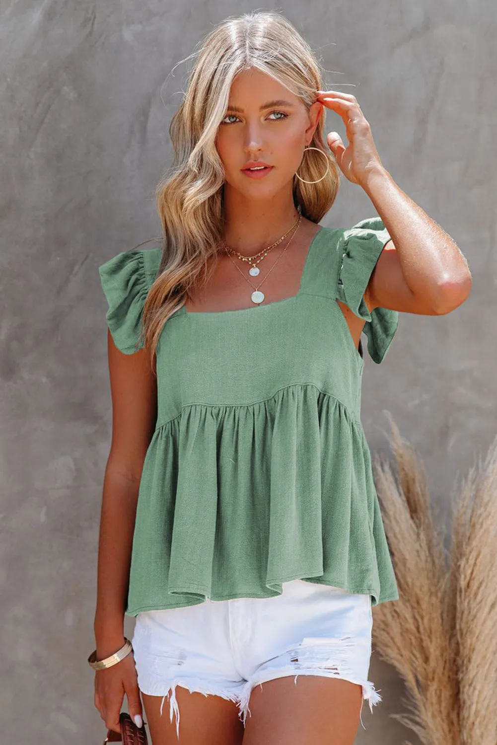 Square Neck Flutter Shoulder Babydoll Top