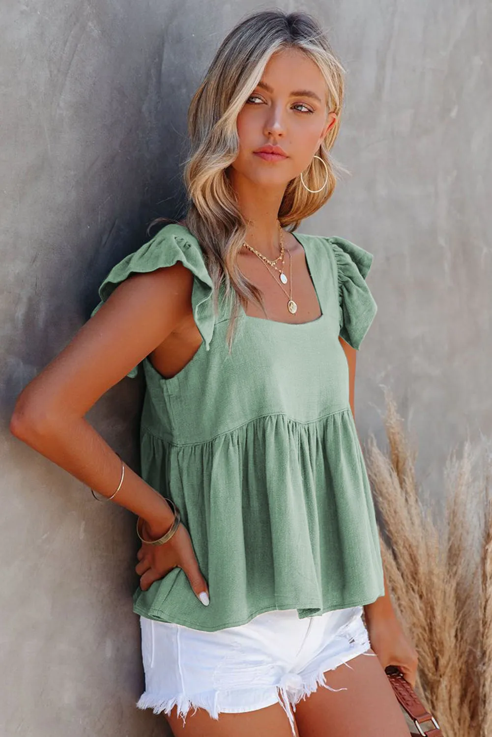 Square Neck Flutter Shoulder Babydoll Top