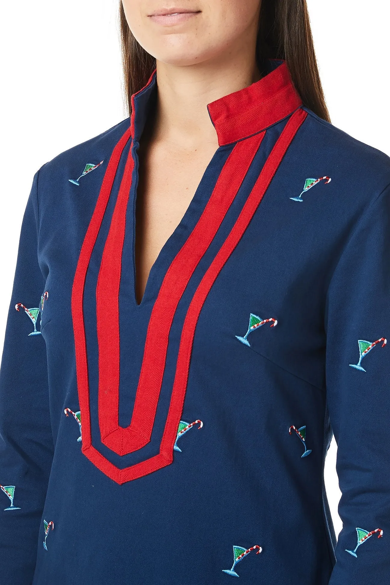 Tunic Top Nantucket Navy with Martini Candy Cane and Red Trim