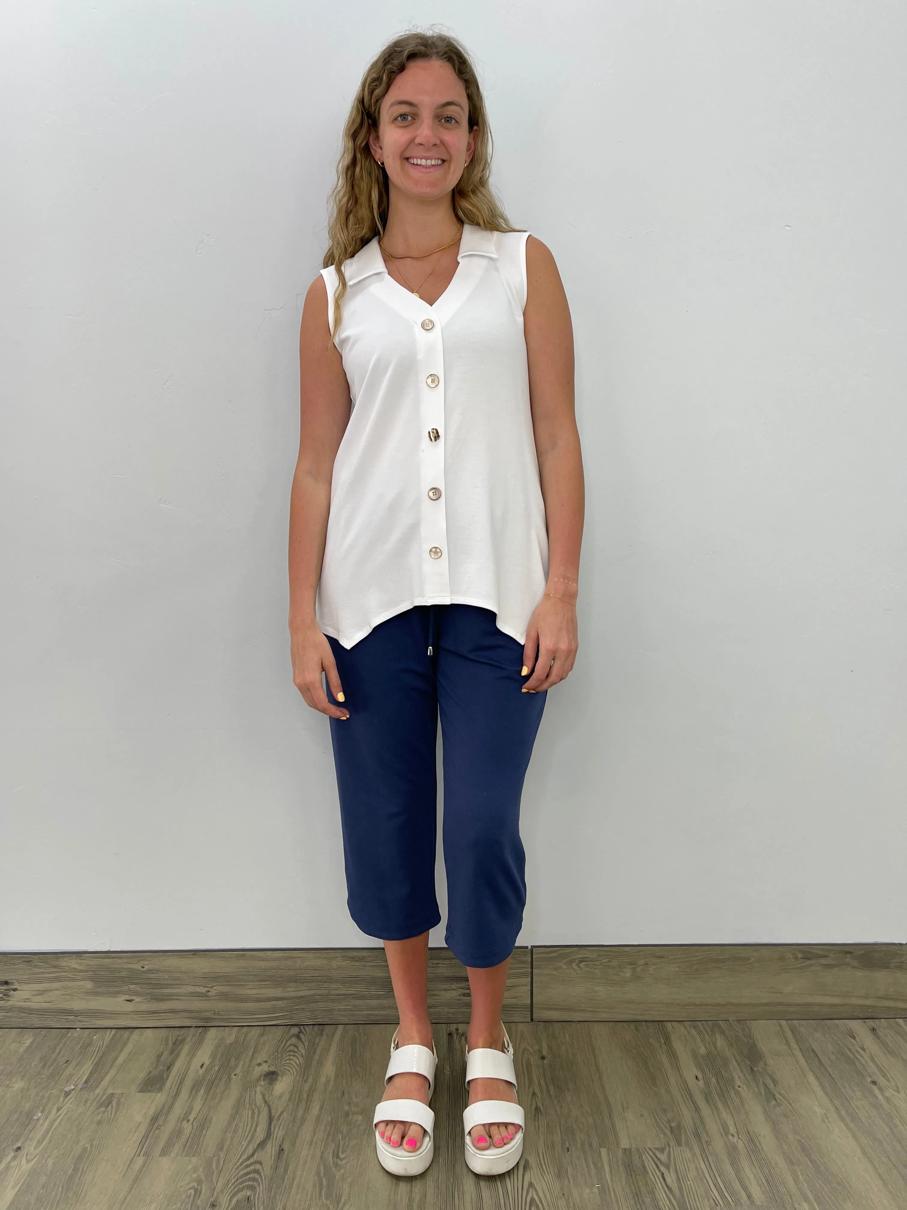 White Bamboo Button Down Placket Sleeveless Tunic