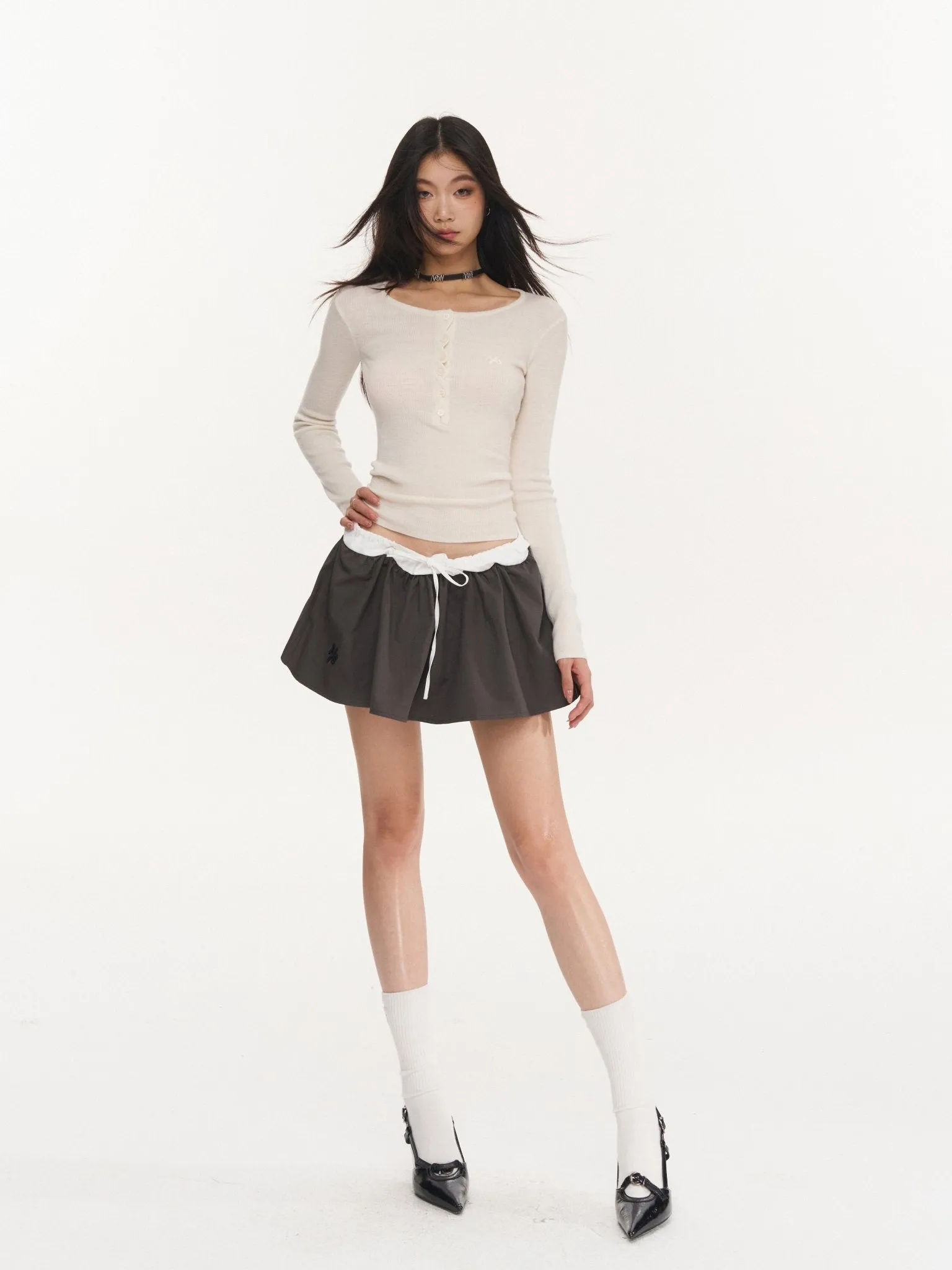 White Twisted Henley Collar Knitwear Top