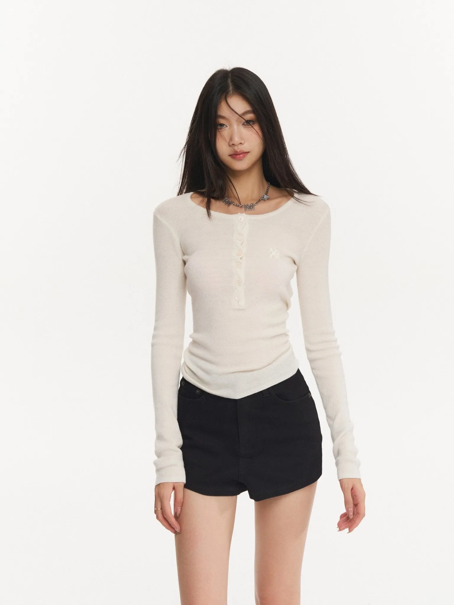 White Twisted Henley Collar Knitwear Top