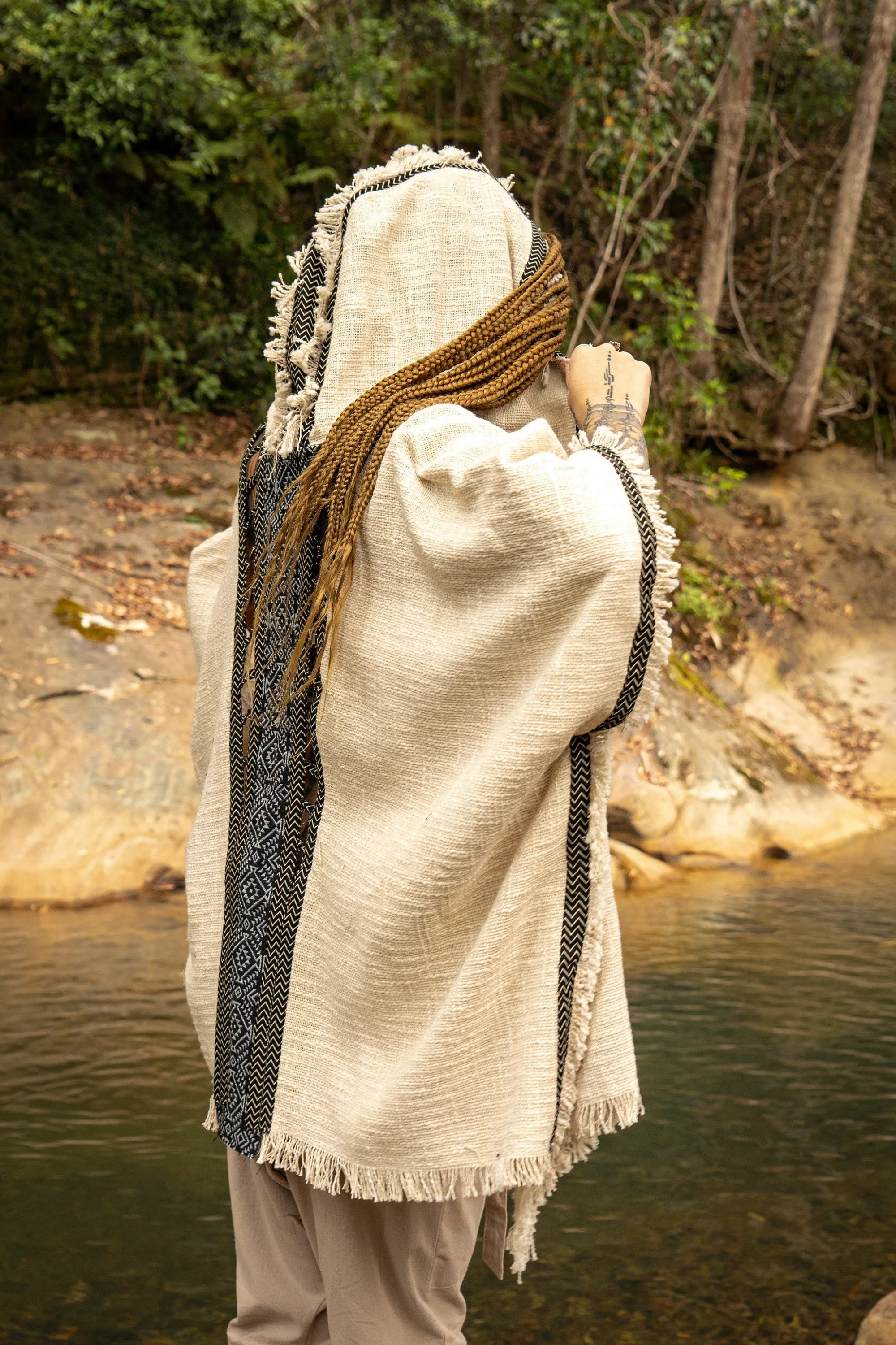 WIZARD Womens Beige Hooded Kimono Vest Tribal Ritual Ceremony Shamanic Gypsy Festival Magic Ritual Alchemy Primitive Rave Boho Earthy AJJAYA