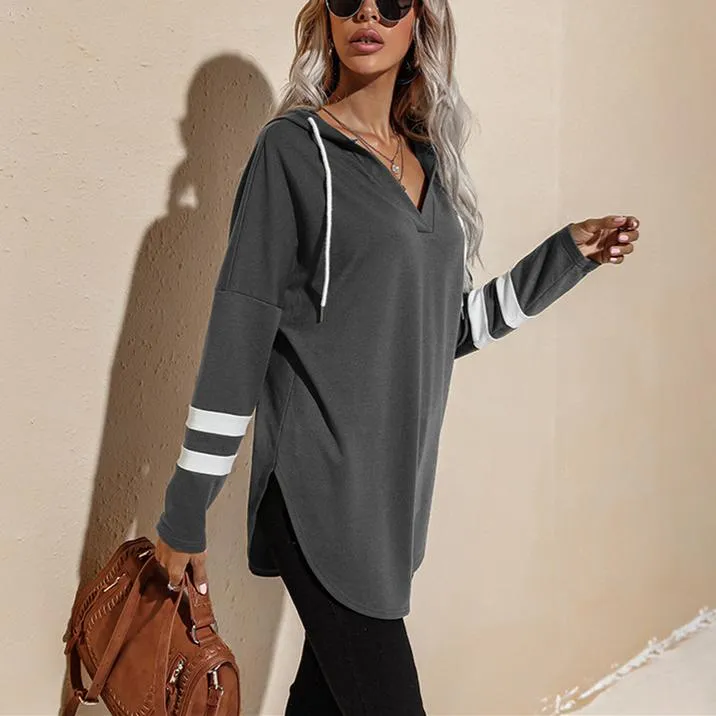 Women v neck stripe prined sleeve pullover hoodie sweatshirt