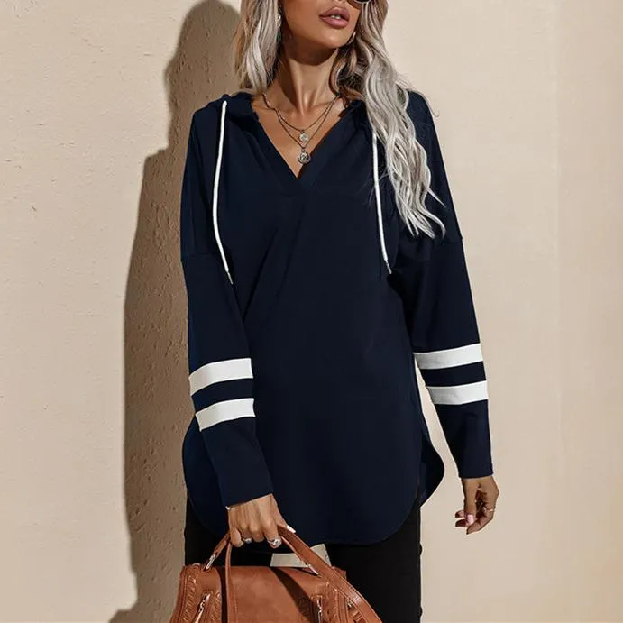 Women v neck stripe prined sleeve pullover hoodie sweatshirt