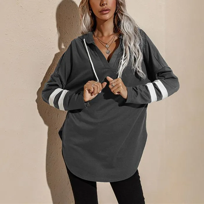 Women v neck stripe prined sleeve pullover hoodie sweatshirt