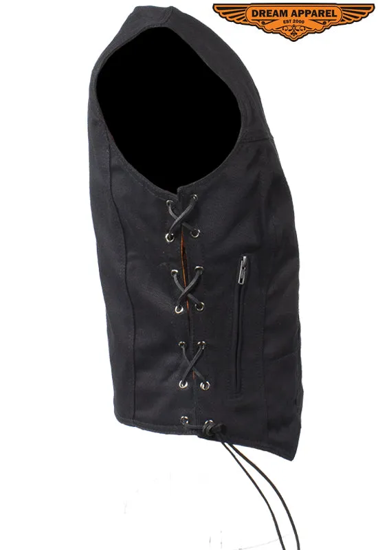 Womens Black Denim Motorcycle Vest With Side Laces