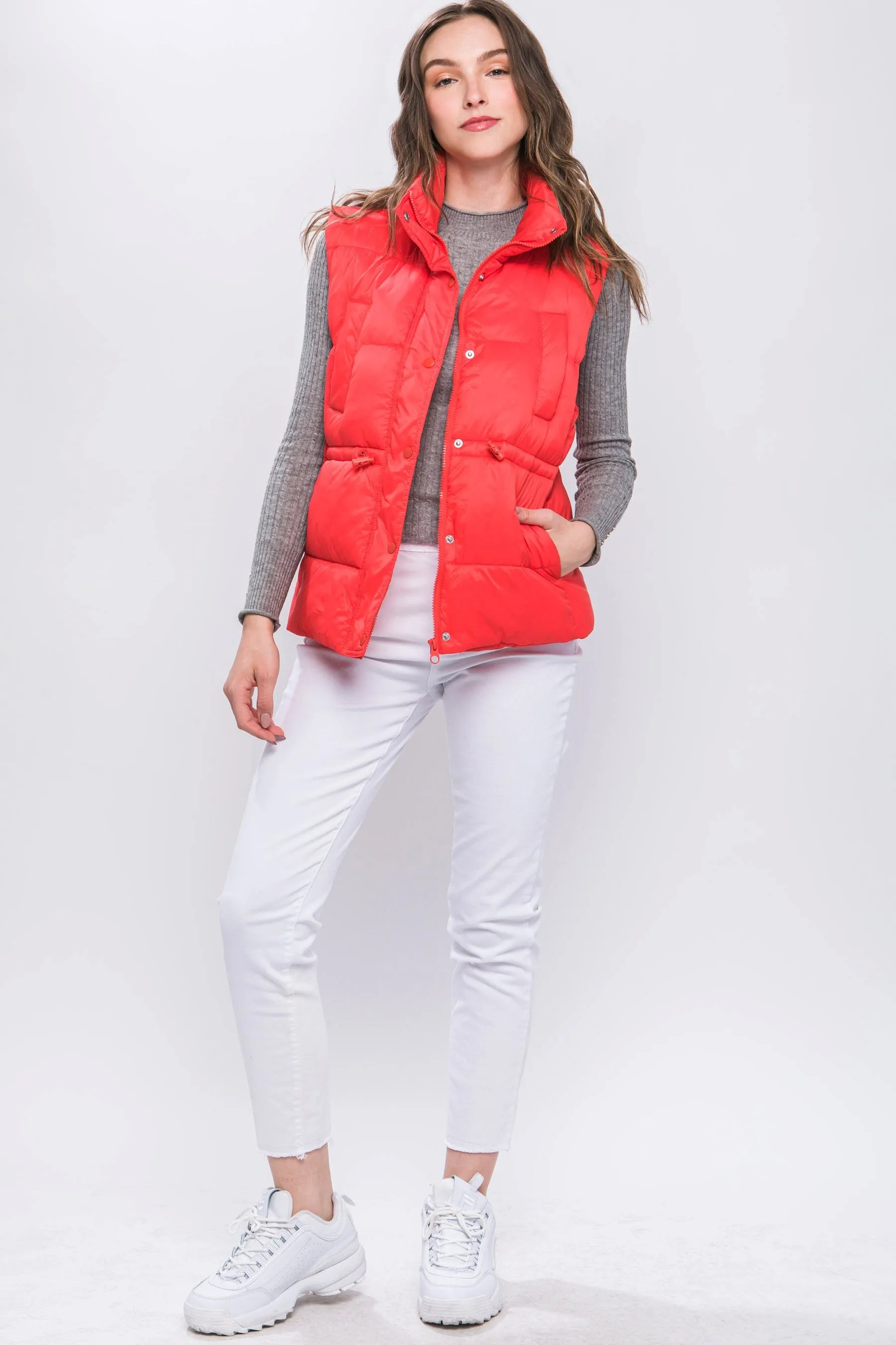 Women's Color Zip up button puffer vest with waist toggles