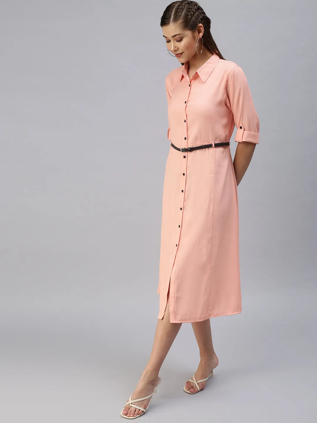 Women's Peach Solid Shirt Dress