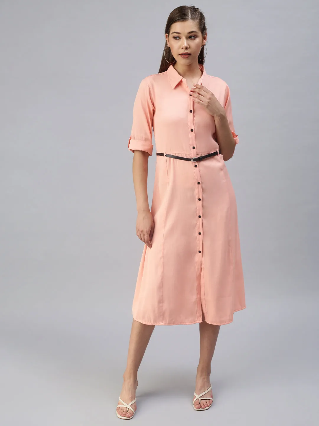 Women's Peach Solid Shirt Dress