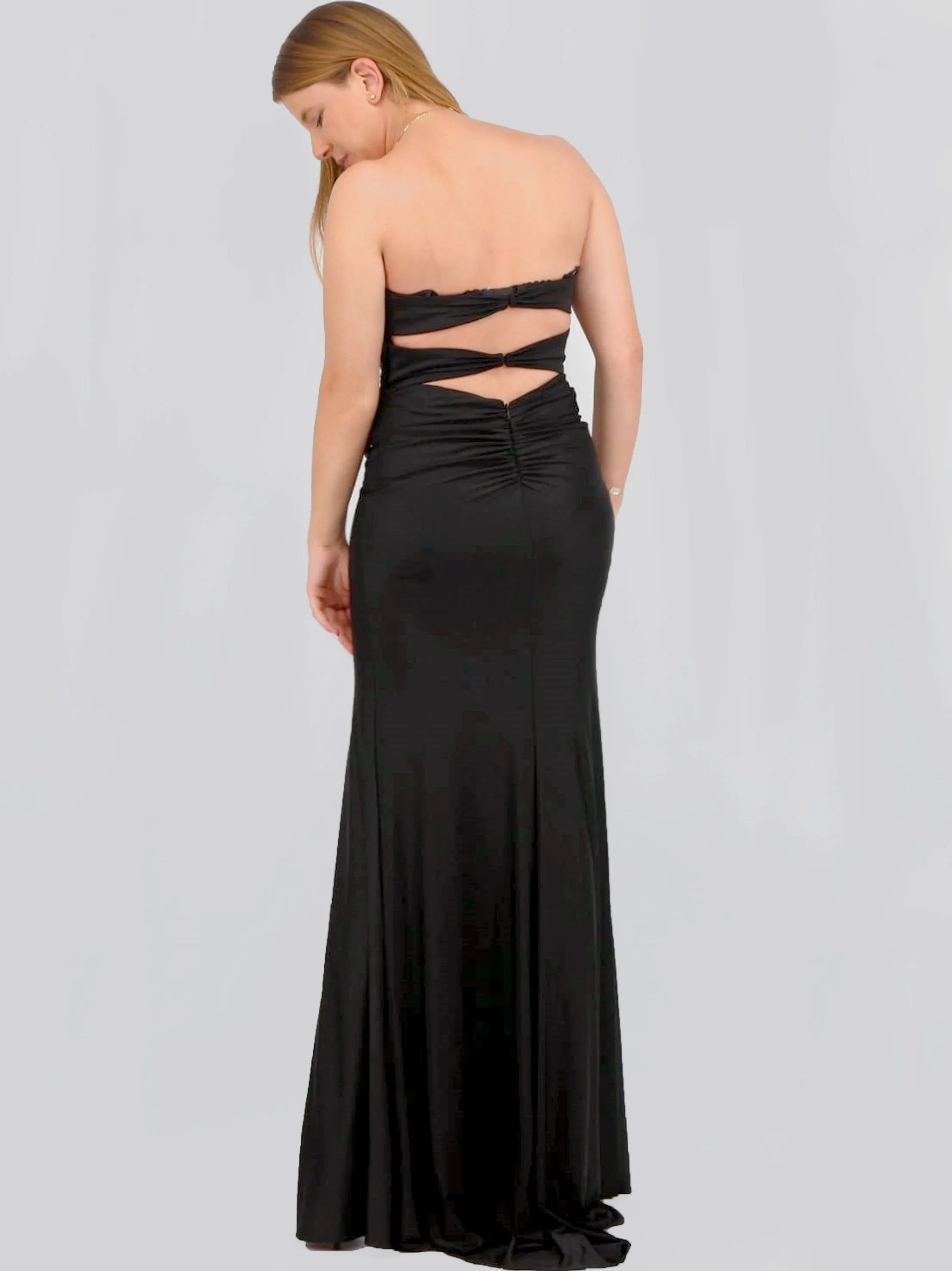 Women's Strapless Satin Dress With Back Cut-Out Detail,Black