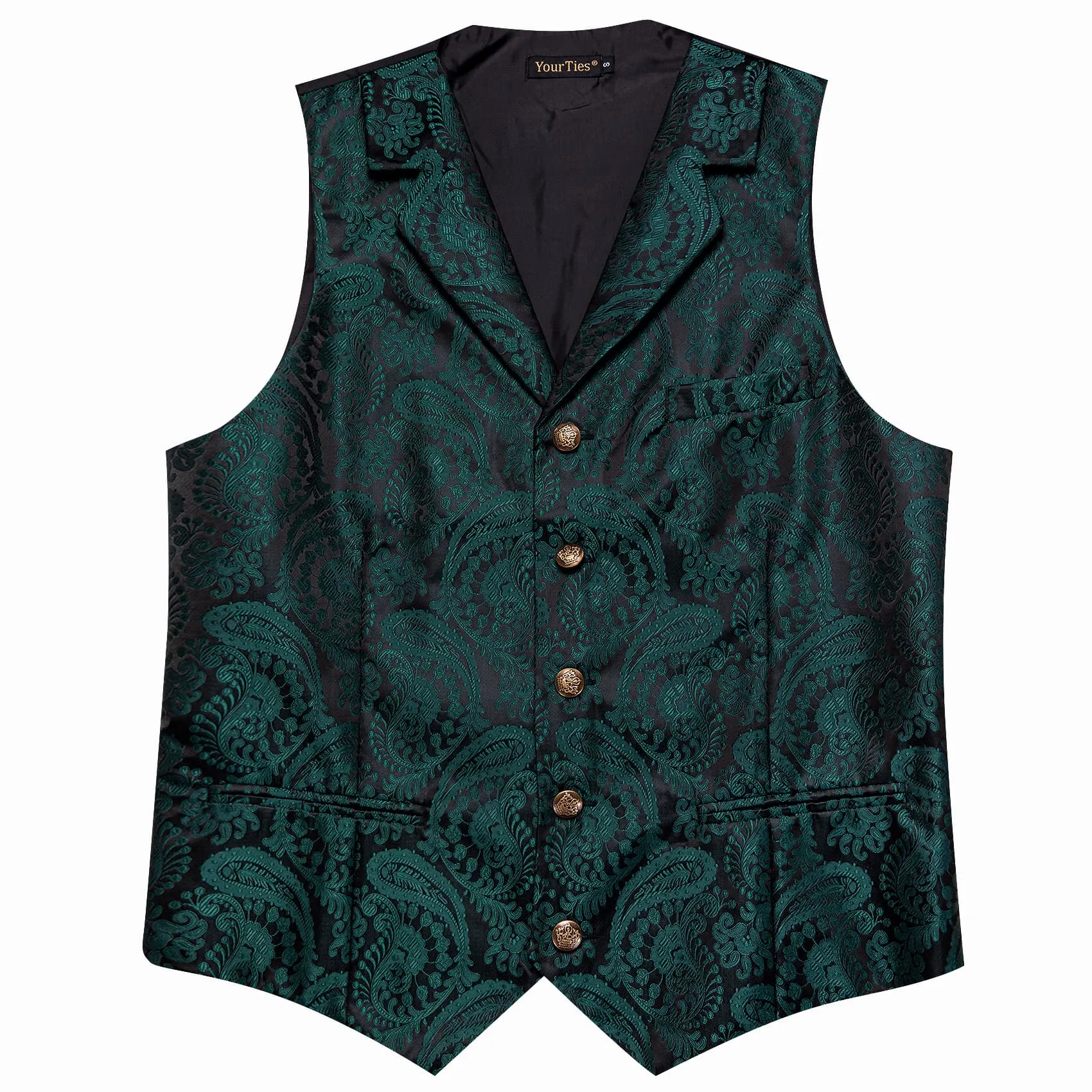 YourTies Black Green Paisley Wedding Waistcoat Silk Vest Necktie Set